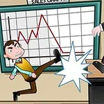 Δύο καρτουνίστικες φιγούρες σε γραφείο, η μία κλωτσά την άλλη μπροστά από ένα γράφημα πωλήσεων στον τοίχο