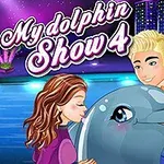 Δύο άνθρωποι αγκαλιάζουν ένα δελφίνι μπροστά από ένα φωτεινό νυχτερινό φόντο με ουρανοξύστες και έναν χρυσό τρούλο