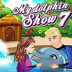 Δύο άνθρωποι αγκαλιάζουν ένα δελφίνι δίπλα σε μια πισίνα, με ζωηρόχρωμο τροπικό υπόβαθρο και αχυρένιες καλύβες