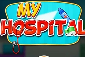 Λογότυπο με τη φράση My Hospital σε έντονα χρώματα, πλαισιωμένο από στηθοσκόπιο και ιατρικά είδη