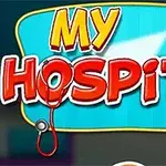Λογότυπο με τη φράση My Hospital σε έντονα χρώματα, πλαισιωμένο από στηθοσκόπιο και ιατρικά είδη