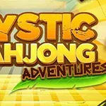 Κίτρινο και πράσινο σχέδιο με τον τίτλο Mystic Mahjong Adventures σε έντονα χρώματα και ένα πράσινο σύμβολο καβουριού