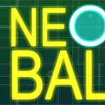 Κίτρινη φράση NEON BALL σε σκοτεινό φόντο με φωσφορίζουσα μπλε μπάλα στο γράμμα O