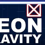 Λευκός τίτλος NEON GRAVITY πάνω σε σκοτεινό μπλε φόντο με δύο νεον σχέδια, ένα τετράγωνο και ένα με Χ