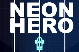 Λευκά γράμματα NEON HERO σε σκοτεινό μπλε φόντο με μια μικρή φιγούρα σε νέον κυανό χρώμα στο κάτω μέρος