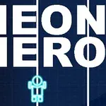 Λευκά γράμματα NEON HERO σε σκοτεινό μπλε φόντο με μια μικρή φιγούρα σε νέον κυανό χρώμα στο κάτω μέρος