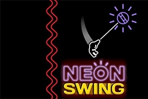 Νέον ταμπέλα με τη λέξη NEON SWING και μια γραφική αναπαράσταση χεριού που αιωρείται με σχοινί, σε μαύρο φόντο