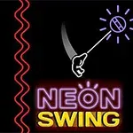 Νέον ταμπέλα με τη λέξη NEON SWING και μια γραφική αναπαράσταση χεριού που αιωρείται με σχοινί, σε μαύρο φόντο
