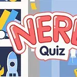 Κόκκινος τίτλος NERD Quiz με φόντο ρετρό αντικείμενα όπως ρομπότ, πυραυλάκι και φορητή κονσόλα παιχνιδιών