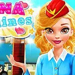 Αεροσυνοδός με ξανθά μαλλιά και κόκκινο καπέλο μπροστά από αεροπλάνο με τη λέξη NINA Airlines