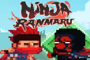 Δύο pixelated χαρακτήρες νίντζα με κόκκινα στοιχεία και η λέξη Ninja Ranmaru από πάνω