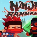 Δύο pixelated χαρακτήρες νίντζα με κόκκινα στοιχεία και η λέξη Ninja Ranmaru από πάνω
