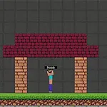 Ένας χαρακτήρας με τη λέξη Noob πάνω από το κεφάλι του βρίσκεται κάτω από κόκκινη πύλη φτιαγμένη από τούβλα, μπροστά από ένα γκρι μοτίβο, με δέντρα στο πλάι