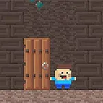 Καφετί τούβλινος τοίχος με ξύλινη πόρτα και pixel χαρακτήρα που στέκεται δίπλα της