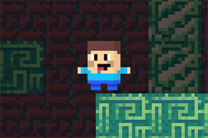 Ένας pixelated χαρακτήρας με μπλε μπλούζα και καστανά μαλλιά πάνω από πράσινες πλατφόρμες σε σκούρο φόντο