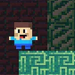 Ένας pixelated χαρακτήρας με μπλε μπλούζα και καστανά μαλλιά πάνω από πράσινες πλατφόρμες σε σκούρο φόντο