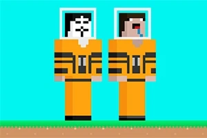 Δύο ανθρωπόμορφα pixelated ρομπότ με πορτοκαλί στολές και κράνη παρουσιάζονται σε γαλάζιο φόντο