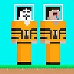 Δύο ανθρωπόμορφα pixelated ρομπότ με πορτοκαλί στολές και κράνη παρουσιάζονται σε γαλάζιο φόντο