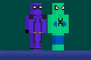 Δύο pixelated χαρακτήρες, ένας μωβ και ένας πράσινος, στέκονται δίπλα δίπλα πάνω σε μπλε πλατφόρμα