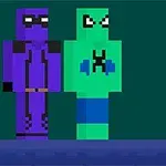 Δύο pixelated χαρακτήρες, ένας μωβ και ένας πράσινος, στέκονται δίπλα δίπλα πάνω σε μπλε πλατφόρμα