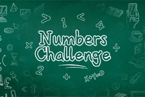 Κείμενο Numbers Challenge γραμμένο σε πράσινο πίνακα με σύμβολα μαθηματικών και σκίτσα