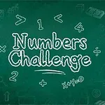 Κείμενο Numbers Challenge γραμμένο σε πράσινο πίνακα με σύμβολα μαθηματικών και σκίτσα