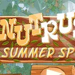 Ξύλινη πινακίδα με την επιγραφή NUT RUSH SUMMER SPRINT σε δασικό φόντο