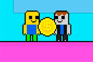 Δύο pixelated φιγούρες κρατούν χρυσό νόμισμα με υπόβαθρο μπλε και ροζ γραφικά