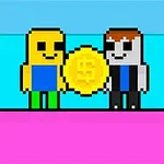 Δύο pixelated φιγούρες κρατούν χρυσό νόμισμα με υπόβαθρο μπλε και ροζ γραφικά