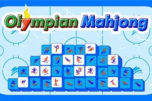 Στην εικόνα υπάρχουν μπλε πλακίδια με εικονίδια αθλημάτων πάνω σε παγοδρόμιο, με τον τίτλο Olympian Mahjong από πάνω