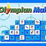 Στην εικόνα υπάρχουν μπλε πλακίδια με εικονίδια αθλημάτων πάνω σε παγοδρόμιο, με τον τίτλο Olympian Mahjong από πάνω