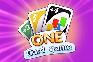 Τρεις κάρτες με σύμβολα και το κείμενο ONE Card game μπροστά από φόντο με μωβ ακτίνες