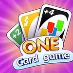Τρεις κάρτες με σύμβολα και το κείμενο ONE Card game μπροστά από φόντο με μωβ ακτίνες