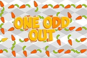 Κείμενο ONE ODD OUT με φωτεινά γράμματα σε φόντο με μοτίβο καρότων