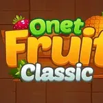 Λογότυπο με έντονα γράμματα Onet Fruit Classic με διακοσμήσεις φρούτων σε καφέ φόντο