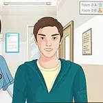 Μία νοσοκόμα στέκεται δίπλα από έναν νεαρό άνδρα σε ένα νοσοκομειακό διάδρομο