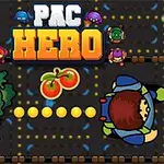 Πολύχρωμοι χαρακτήρες με την επιγραφή Pac Hero σε κεντρική θέση και φόντο που θυμίζει λαβύρινθο με φαγητά
