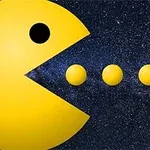 Κίτρινος κύκλος με άνοιγμα στόματος ακολουθεί τρεις μικρούς κίτρινους κύκλους σε αστρικό υπόβαθρο