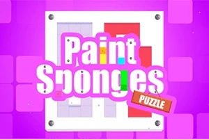 Σχέδιο με πολύχρωμο τίτλο Paint Sponges Puzzle πάνω σε φόντο μοβ αποχρώσεων με γεωμετρικά σχήματα