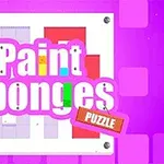 Σχέδιο με πολύχρωμο τίτλο Paint Sponges Puzzle πάνω σε φόντο μοβ αποχρώσεων με γεωμετρικά σχήματα