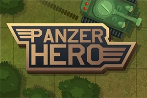 Κείμενο PANZER HERO με φόντο ένα πράσινο τανκ και πράσινο τοπίο με δέντρα