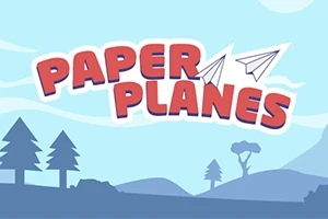 Κόκκινη λέξη PAPER PLANES με δύο χάρτινα αεροπλάνα πάνω από γαλάζιο φόντο με δέντρα στο τοπίο