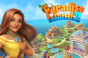 Paradise Island 2 Γραφική εικόνα με μια γυναίκα με μακριά καστανά μαλλιά σε νησιώτικο τοπίο με πολύχρωμα κτίρια και θάλασσα
