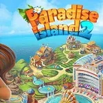 Paradise Island 2 Γραφική εικόνα με μια γυναίκα με μακριά καστανά μαλλιά σε νησιώτικο τοπίο με πολύχρωμα κτίρια και θάλασσα