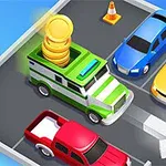 Πολύχρωμα αυτοκίνητα παρκαρισμένα σε πάρκινγκ με κώνο ασφαλείας και φορτηγό που έχει νομίσματα στην οροφή
