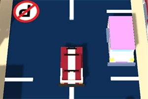 Κόκκινο αυτοκίνητο κινούμενο σε δρόμο με διπλές λευκές γραμμές, ενώ δίπλα υπάρχει παρκαρισμένο ροζ αυτοκίνητο και πινακίδα σήμανσης δεξιά στροφής