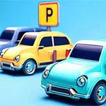 Δύο πολύχρωμα κινούμενα σχέδια αυτοκινήτων σταθμεύουν κάτω από πινακίδες με το γράμμα P σε φωτεινό φόντο