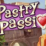 Ο τίτλος Pastry Passion με καρδιά διακοσμημένη σαν γλυκό σε φόντο με κτίρια