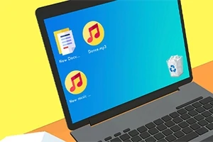 Φορητός υπολογιστής με εικονίδια γραφείου, συμπεριλαμβανομένων φακέλου, αρχείων μουσικής και κάδου ανακύκλωσης, πάνω σε κίτρινο φόντο