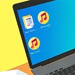 Φορητός υπολογιστής με εικονίδια γραφείου, συμπεριλαμβανομένων φακέλου, αρχείων μουσικής και κάδου ανακύκλωσης, πάνω σε κίτρινο φόντο